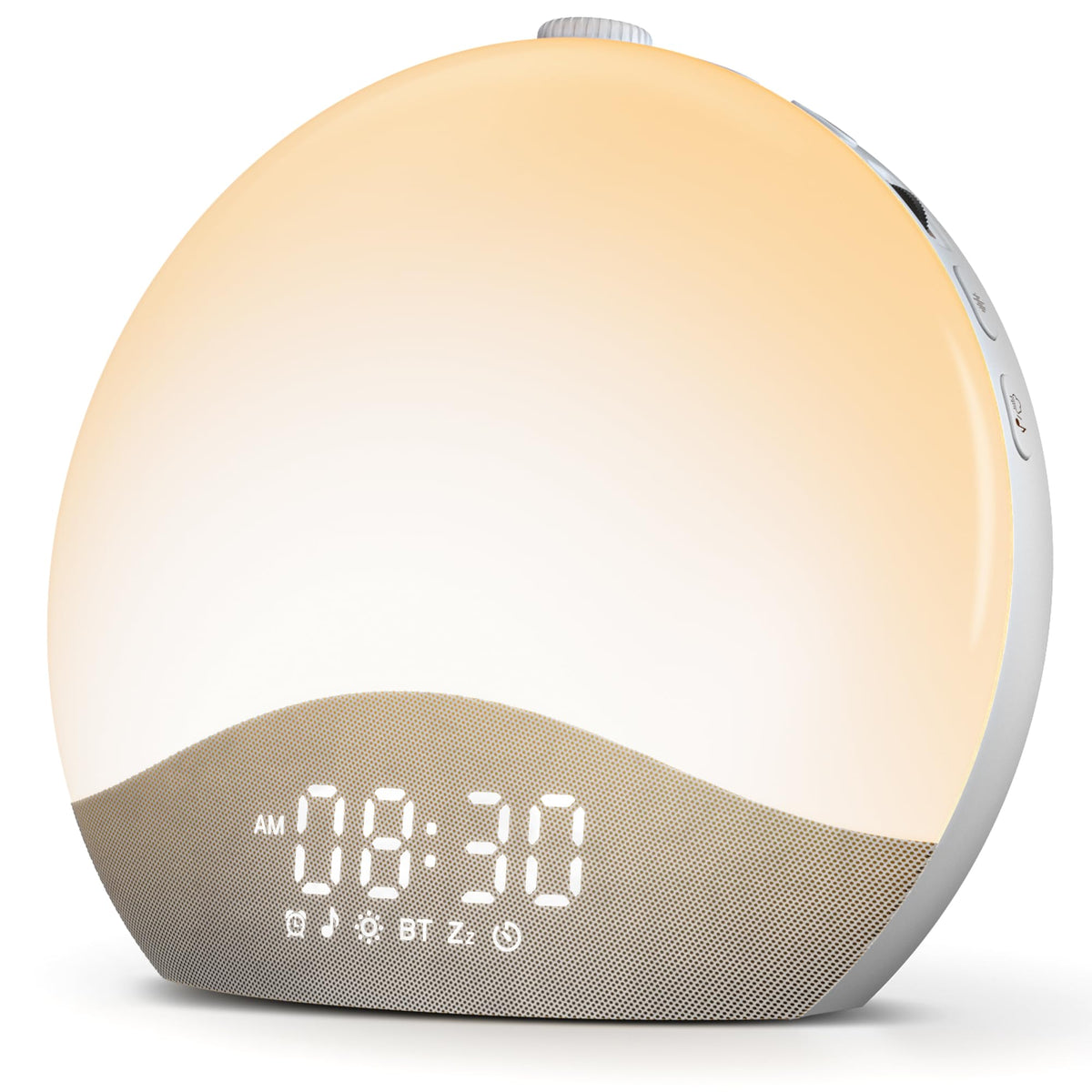 Sunla sunrise alarm clock on a white background, dome glowing warm amber, white LED display reading 8:30