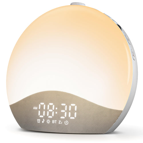 Sunla sunrise alarm clock on a white background, dome glowing warm amber, white LED display reading 8:30