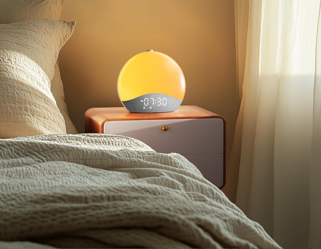 Sunla glowing amber on a wooden nightstand beside a made bed at dawn